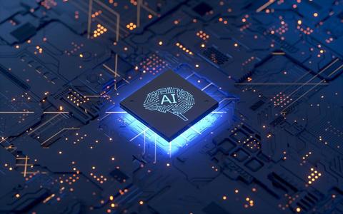 A close-up of a blue circuit board with a glowing microchip in the center labeled 'AI' surrounded by illuminated connections and circuitry, symbolizing artificial intelligence technology.